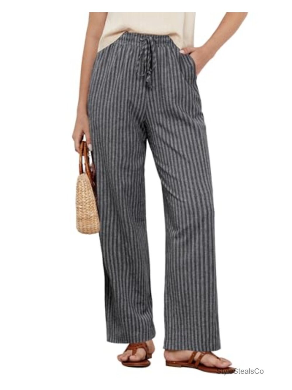 Women High Waisted Wide Leg Striped Cotton Linen Casual Pants